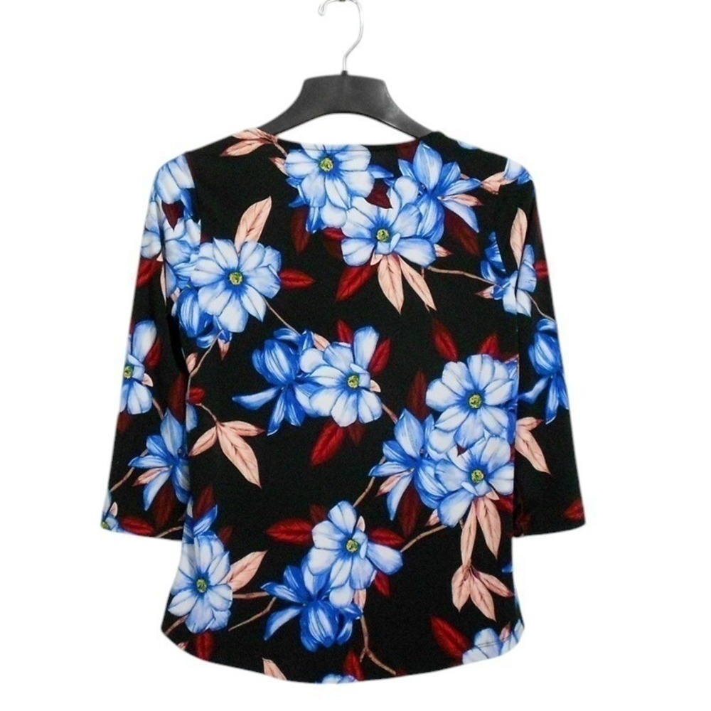 Liz‎ Claiborne Top Small Black Floral Print 3/4 Sleeve Round Keyhole Neck Career - Picture 2 of 9